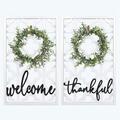 Youngs Wood Wall Sign with Wreath, Welcome & Thankful, Assorted Color - 2 Piece 10097